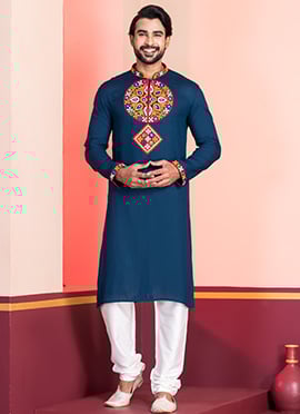 Teal Rayon Kutch Work Kurta Pyjama