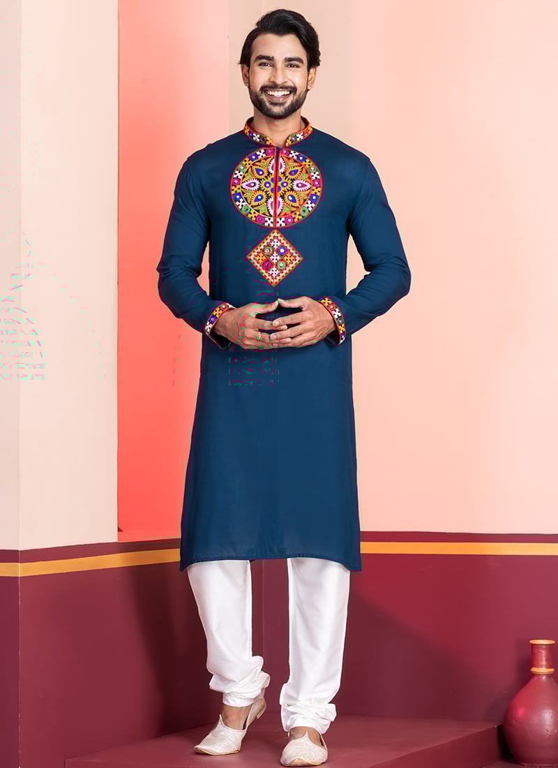 Teal Rayon Kutch Work Kurta Pyjama Festive Wear
