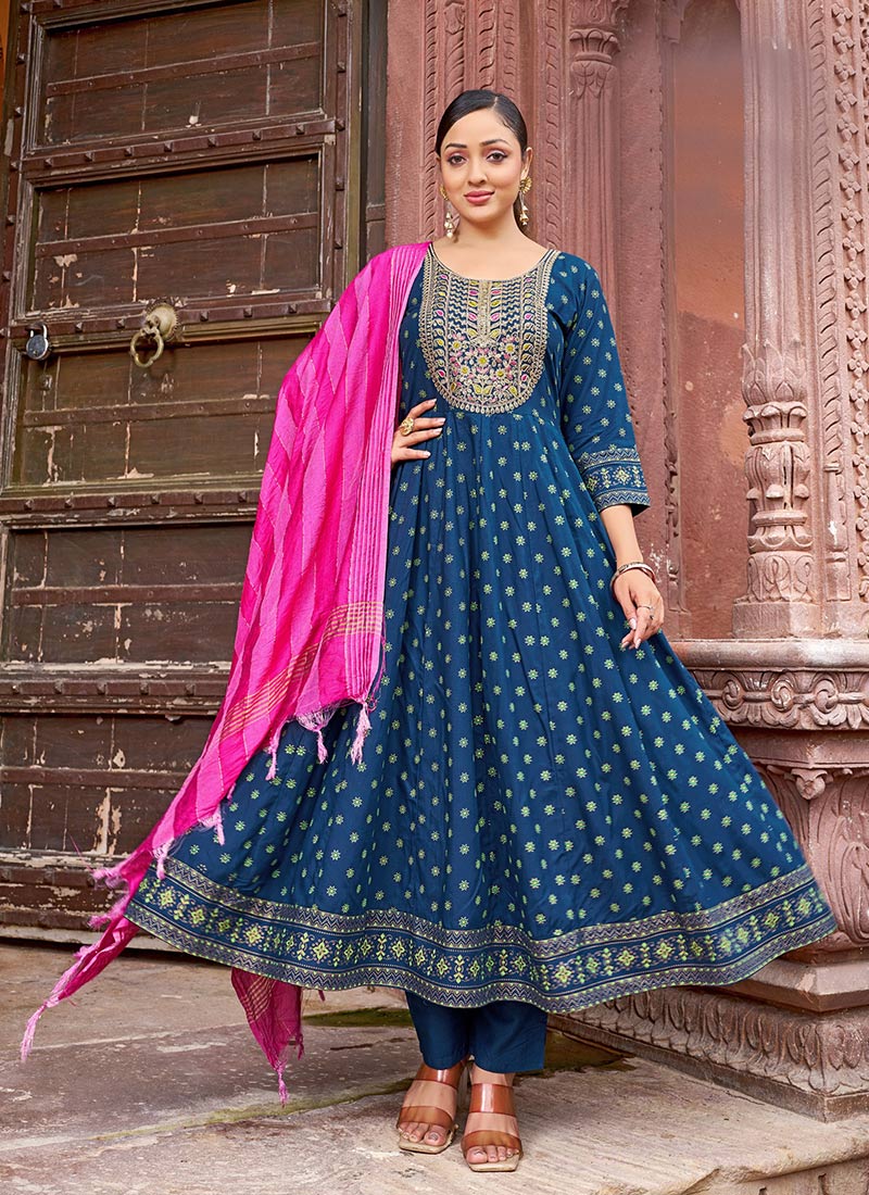 Teal Rayon Sequins Embroidered And Foil Print Anarkali Suit After Six Wear