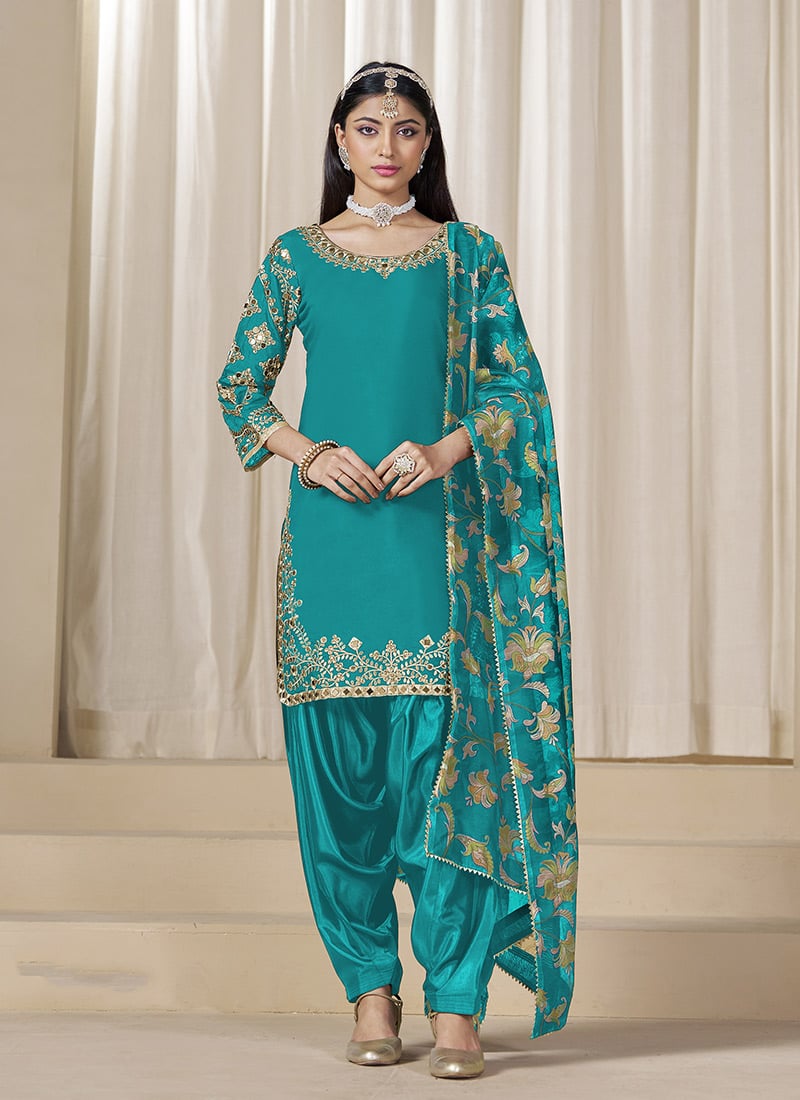 Teal Roman Silk Zari Embroidered Mirror Work Salwar Suit Festive Wear