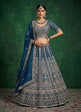 Teal Satin Blend Embroidered Sequins Stones Umbrella Lehenga