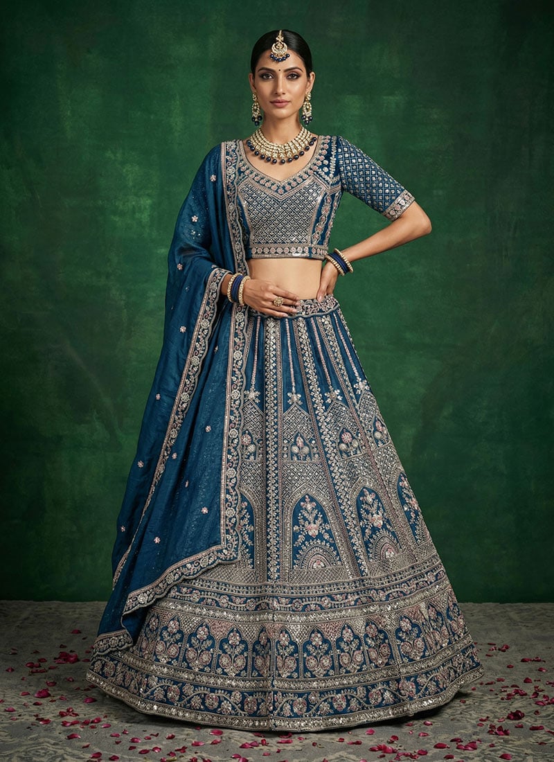 Teal Satin Blend Embroidered Sequins Stones Umbrella Lehenga Wedding Wear