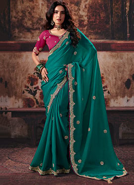 Teal Satin Blend Zari Sequins Beads Embroidered Saree