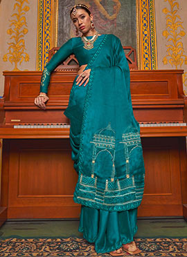 Teal Satin Chiffon Zari Embroidered Saree