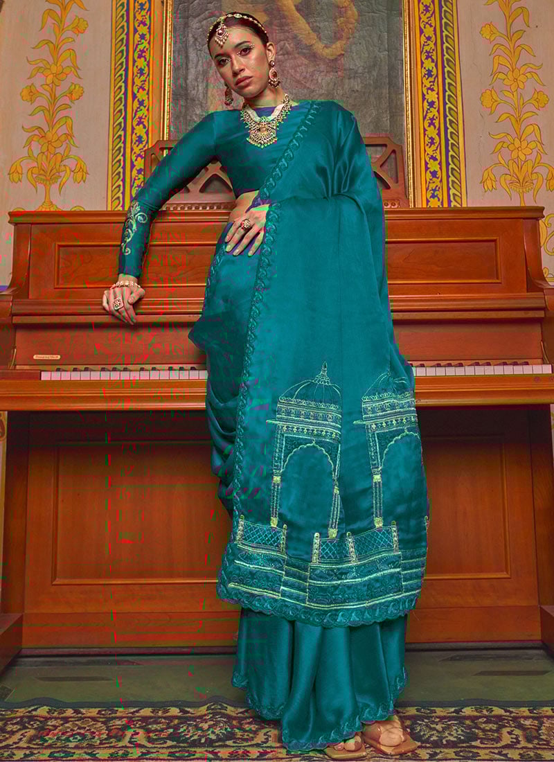 Teal Satin Chiffon Zari Embroidered Saree Festive Wear