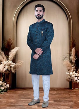 Teal Satin Embroidered Indowestern Sherwani  For Men