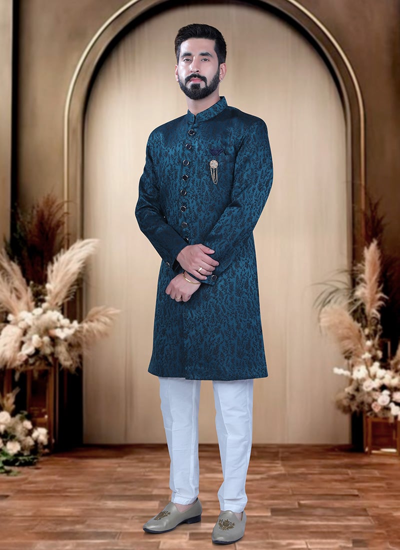 Teal Satin Embroidered Indowestern Sherwani  For Men Wedding Wear