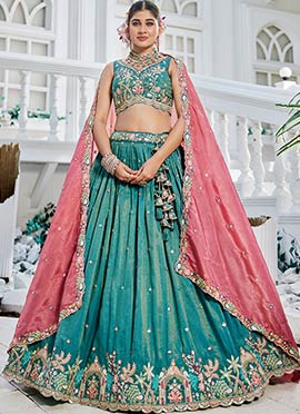 Teal Satin Embroidered Sequins Lehenga