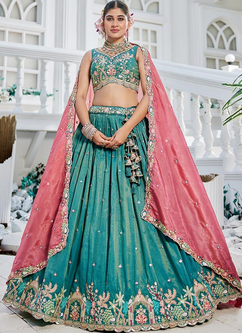 Teal Satin Embroidered Sequins Lehenga