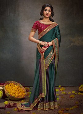 Teal Satin Embroidered Stones And Zari Saree