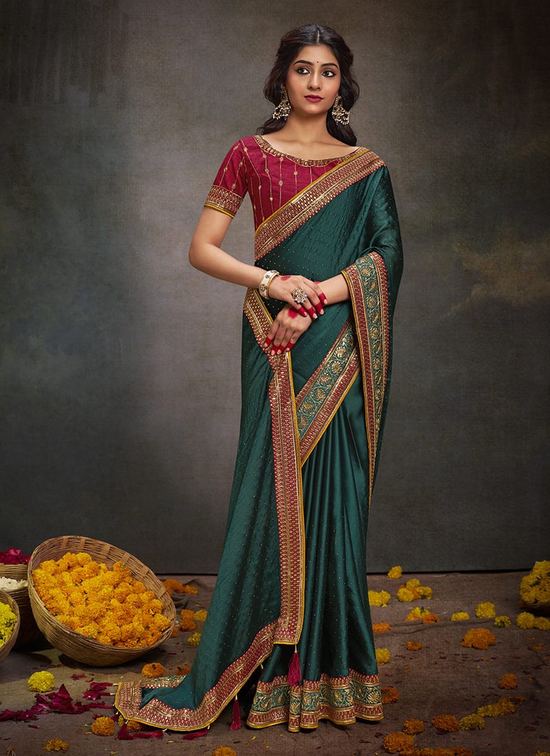Teal Satin Embroidered Stones And Zari Saree