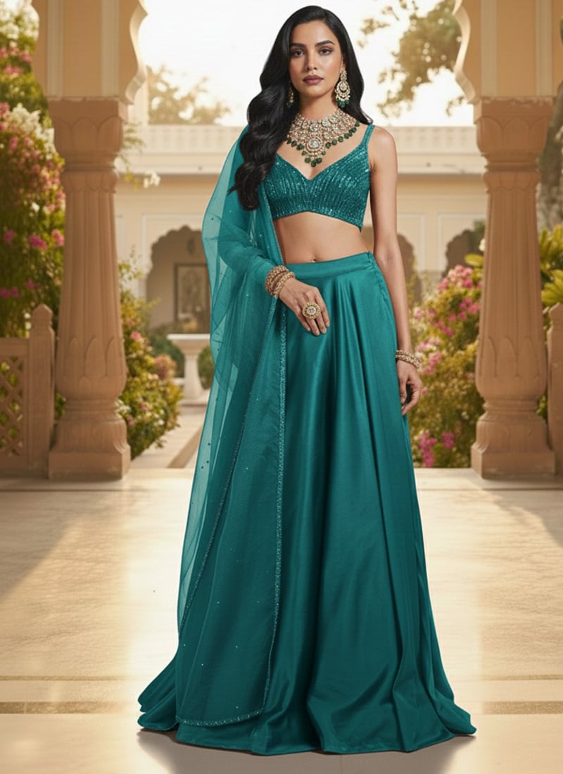 Teal Satin Hand Embroidered Sequins Lehenga Wedding Wear