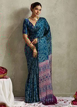 Teal Satin Silk Bandhini Print Saree