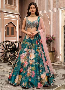 Teal Satin Silk Cutdana Stone Beads Embroidered Digital Print Lehenga