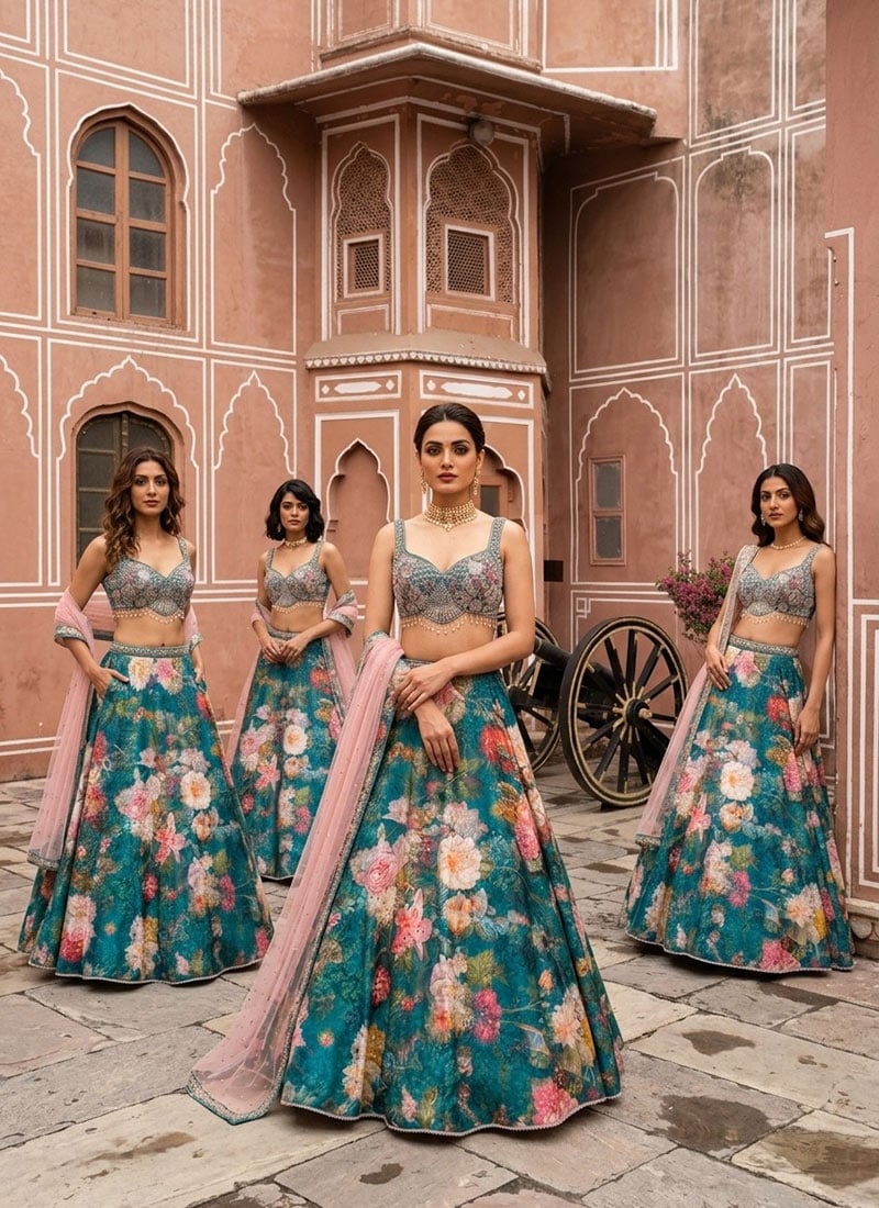 Teal Satin Silk Cutdana Stone Beads Embroidered Digital Print Lehenga Wedding Wear