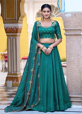 Teal Satin Silk Embroidered Sequins Lehenga