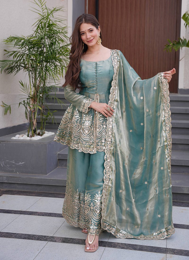 Teal Satin Silk Embroidered Sequins Palazzo Suit Festive Wear