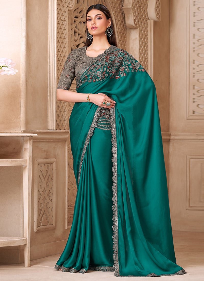 Teal Satin Silk Embroidered Sequins Saree Wedding Wear