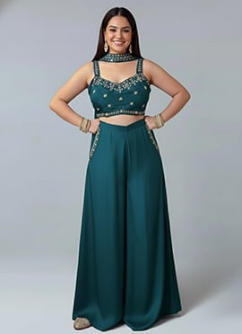 Teal Satin Silk Hand Embroidered Beads Sequins Indowestern Palazzo Set