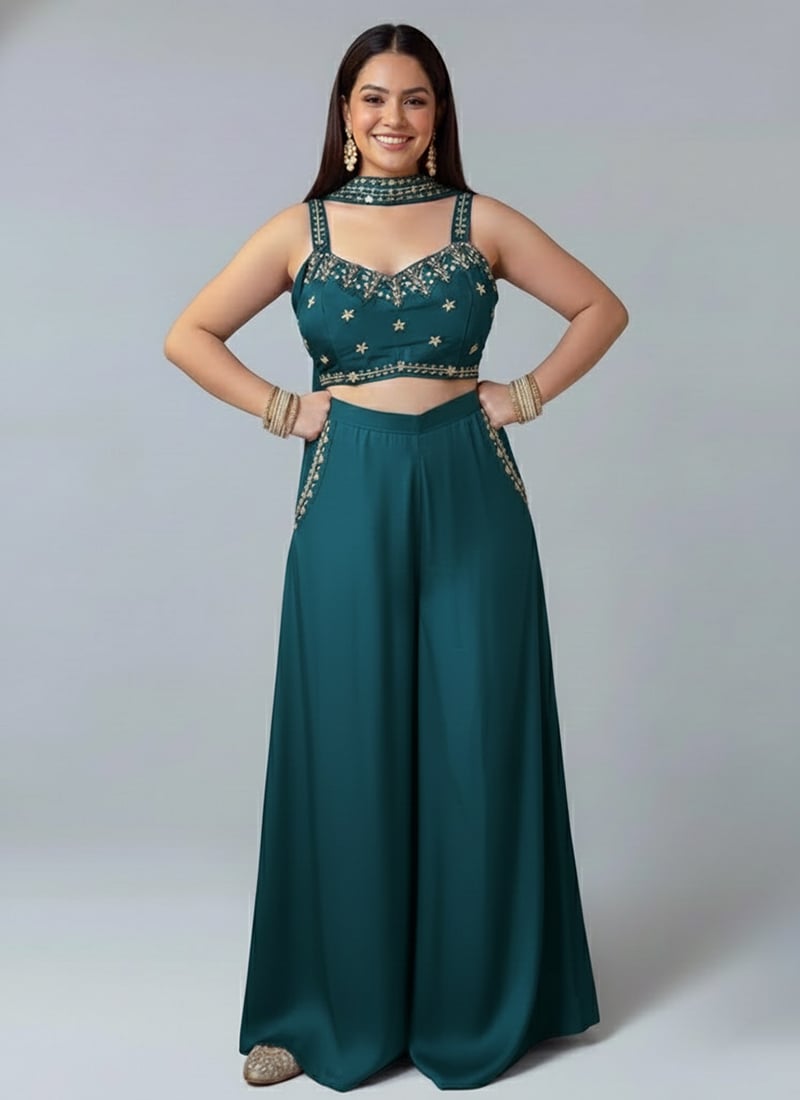Teal Satin Silk Hand Embroidered Beads Sequins Indowestern Palazzo Set After Six Wear