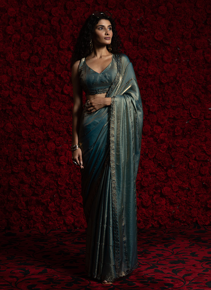 Teal Satin Silk Hand Embroidered Zarkan Stone Saree