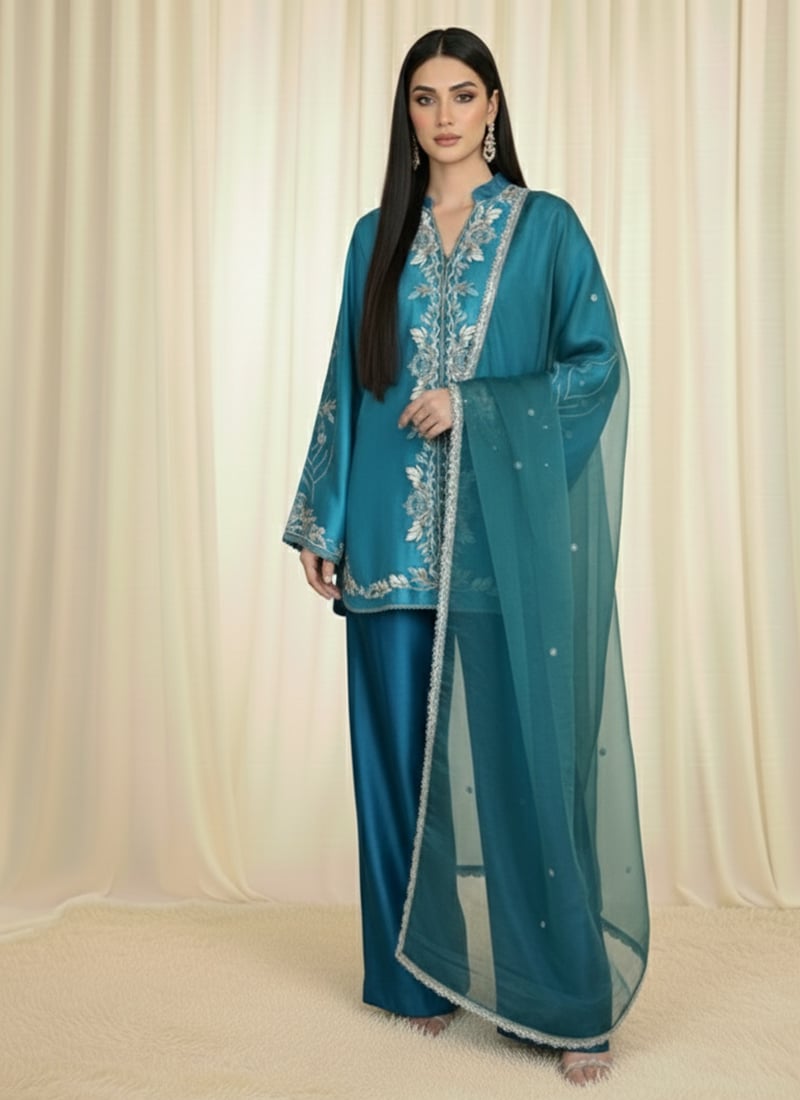 Teal Satin Silk Resham Salwar Suit Festive Wear