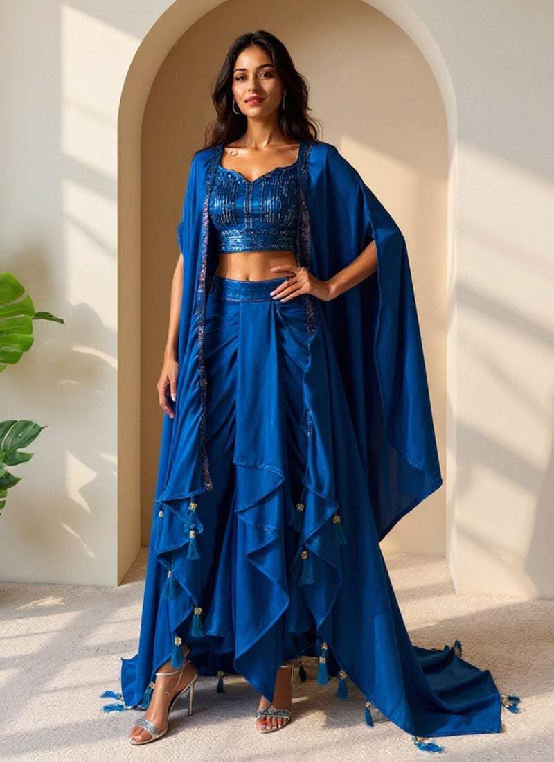 Teal Satin Silk Sequins Indowestern Dhoti Jacket