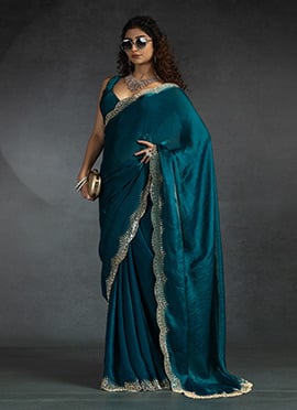 Teal Satin Silk Stones Work Saree