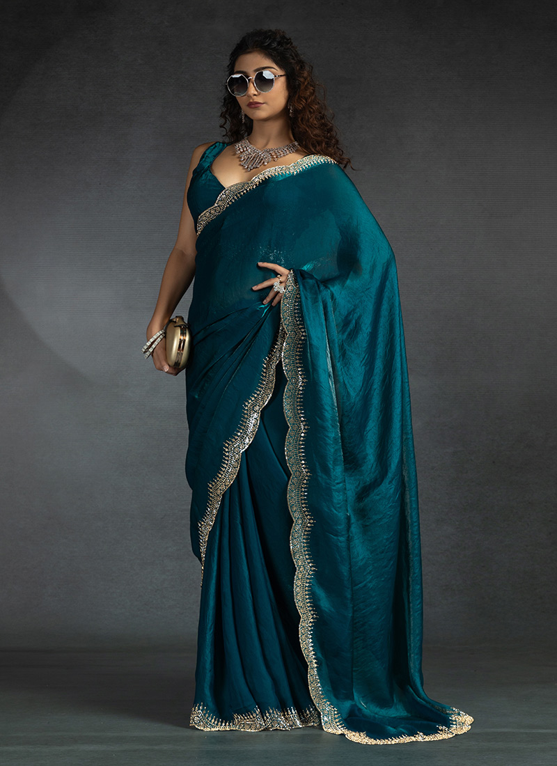 Teal Satin Silk Stones Work Saree Festive Wear