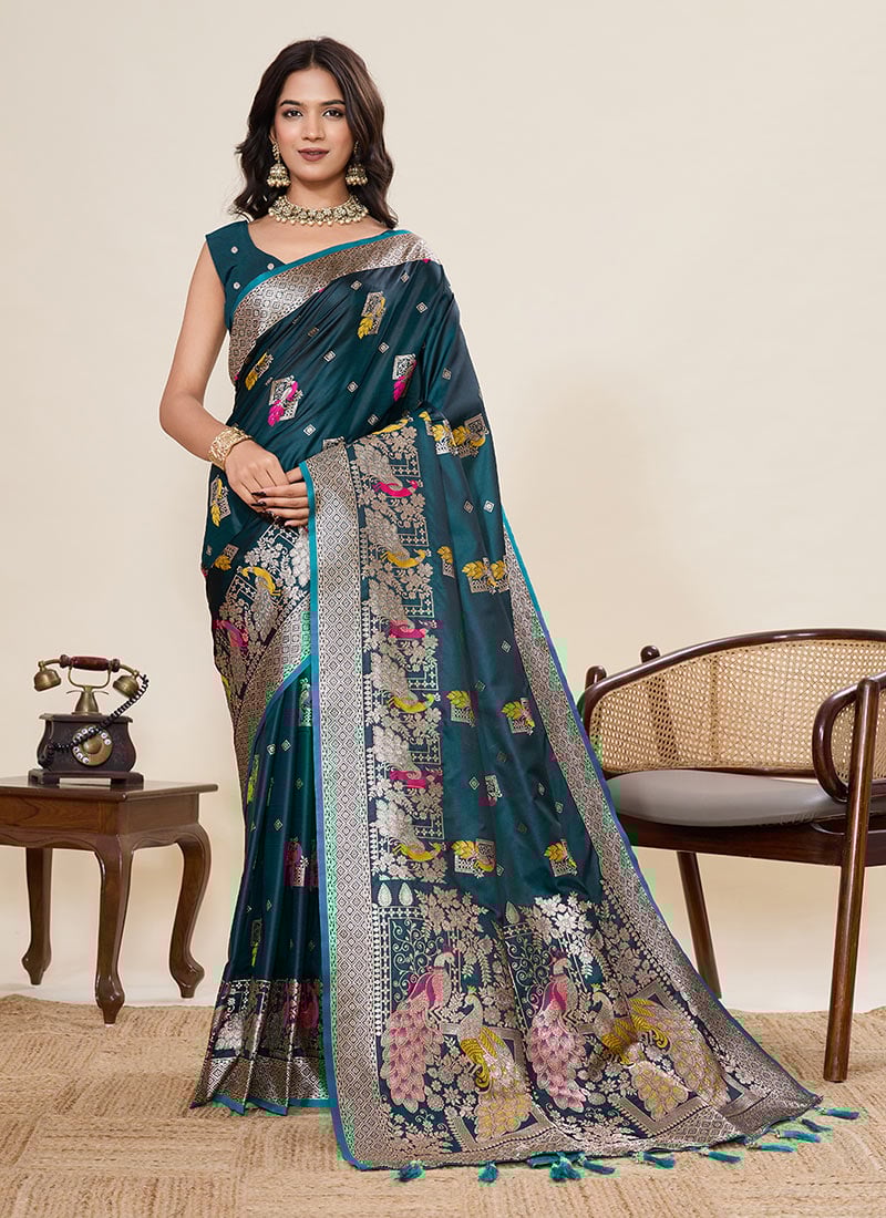 Teal Satin Silk Woven Zari And Foil Print Saree Festive Wear