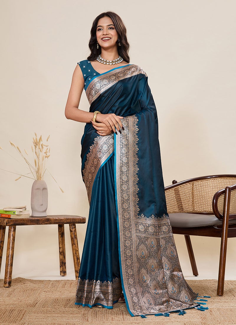Teal Satin Silk Woven Zari Saree