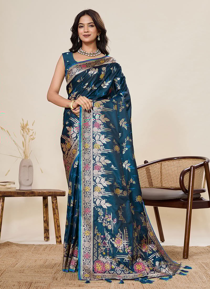 Teal Satin Silk Woven Zari Saree Festive Wear