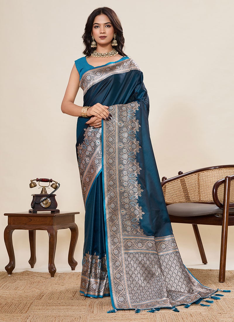 Teal Satin Silk Woven Zari Saree Festive Wear