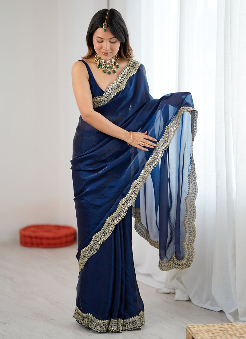 Teal Satin Silk Zari Embroidered Sequins Saree After Six Wear