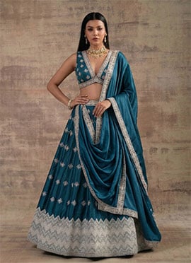 Teal Satin Silk Zari Sequins Lehenga