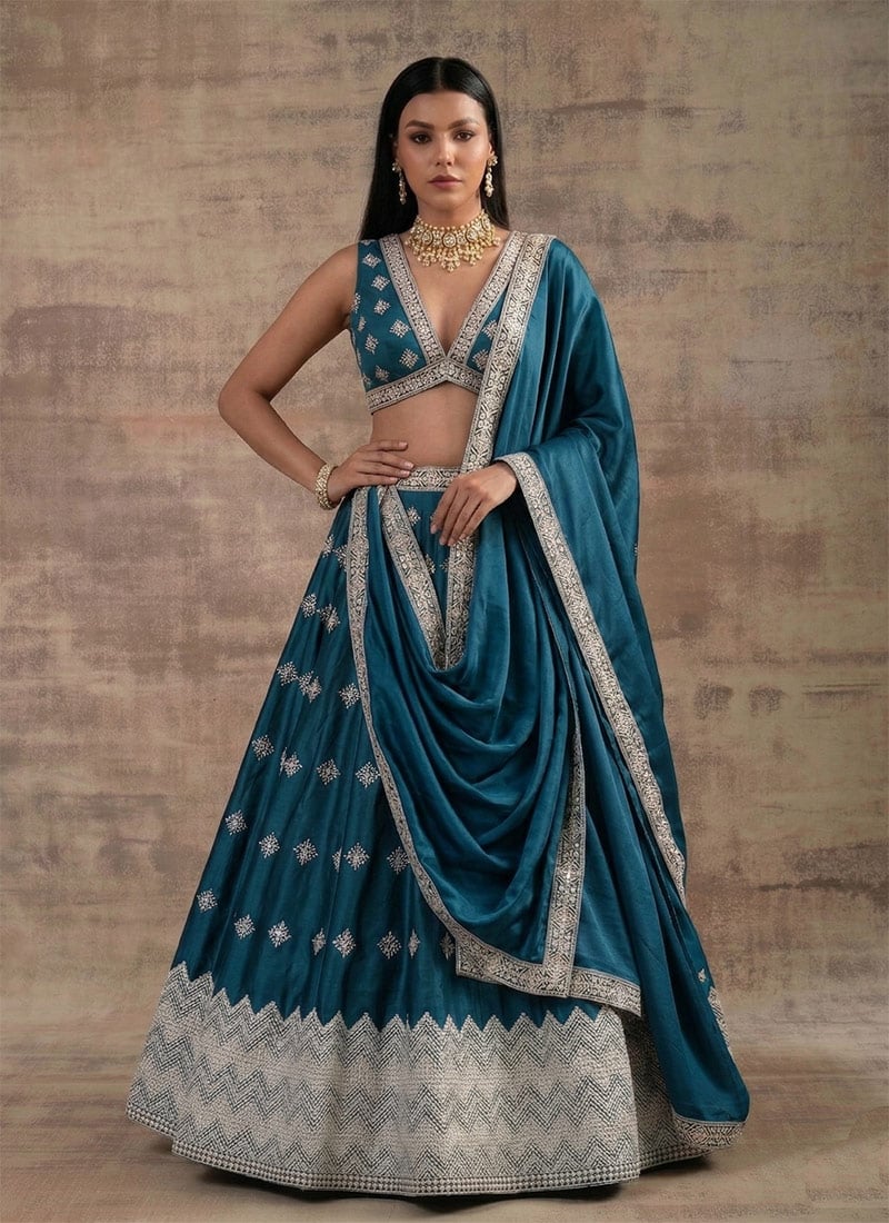 Teal Satin Silk Zari Sequins Lehenga Wedding Wear