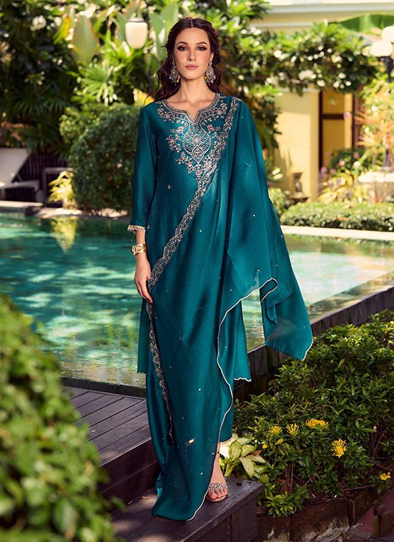 Teal Shimmer Silk Embroidered Sequins Beads Straight Pant Suit Festive Wear