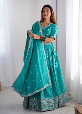 Teal Shimmer Silk Sequins Classic Lehenga Festive Wear