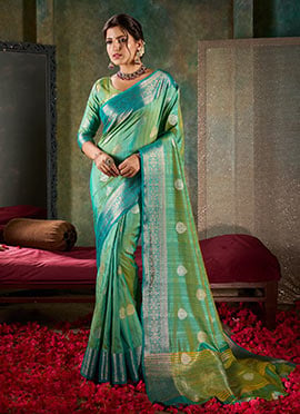 Teal Shimmer Tussar Silk Jacquard Zari Saree