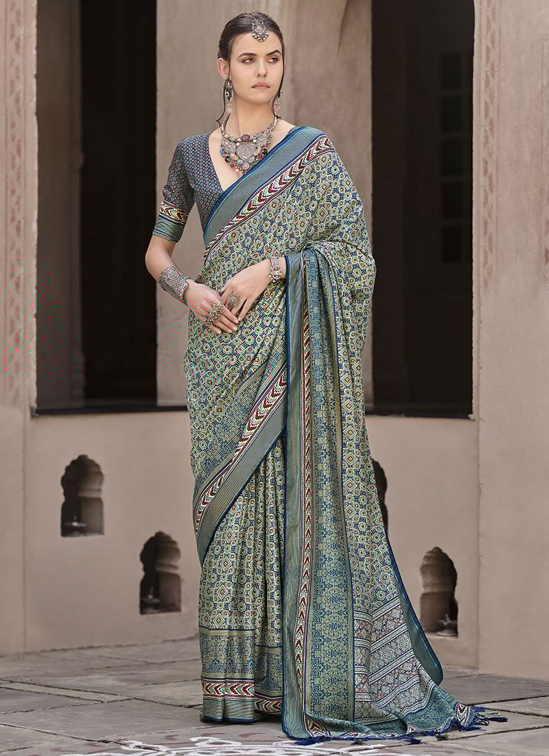 Teal Silk Ajrakh Printed Saree Festive Wear