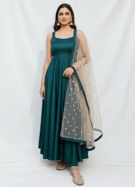 Teal Silk Anarkali Suit With Sequins Work Dupatta