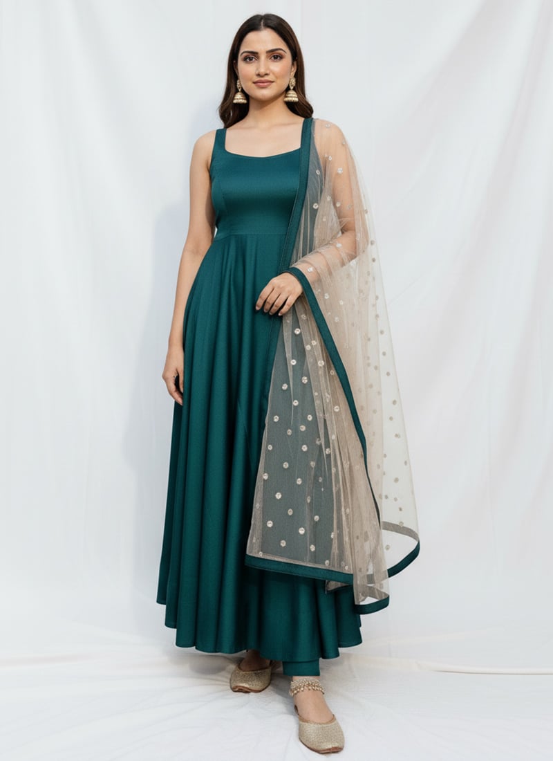 Teal Silk Anarkali Suit With Sequins Work Dupatta Festive Wear