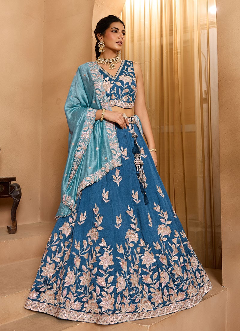 Teal Silk Beads Stones Embroidered Sequins Cut Work Umbrella Lehenga