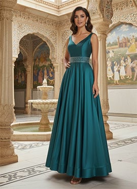 Teal Silk Beads Zari Anarkali Gown