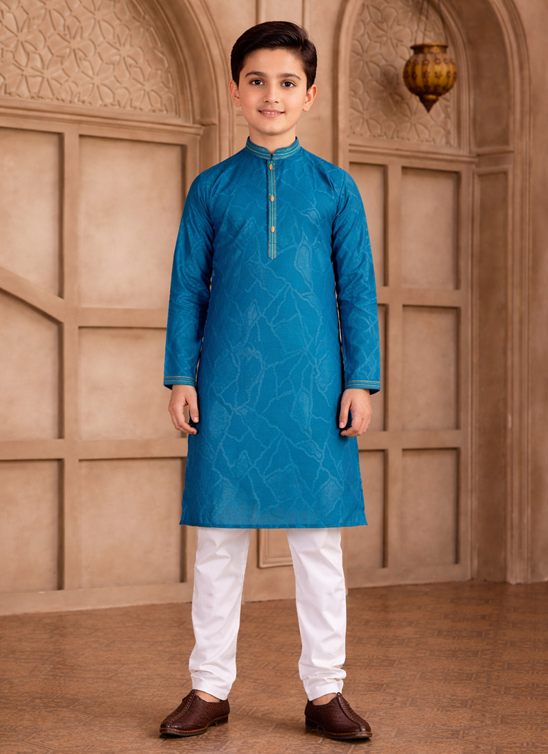 Teal Silk Brocade Kids Boys Kurta Pyjama Festive Wear