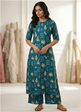 Teal Silk Cotton Printed Kurta Set