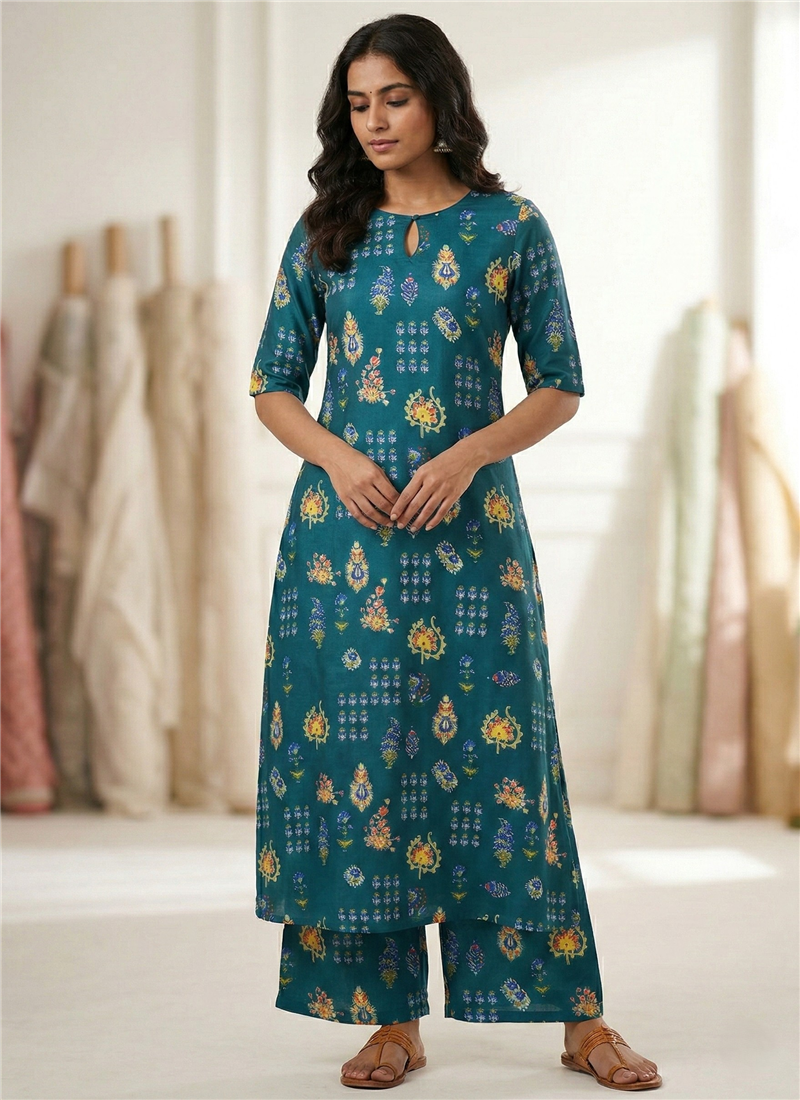 Teal Silk Cotton Printed Kurta Set Work Wear