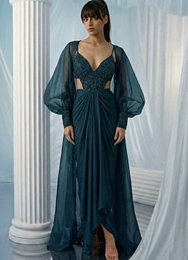 Teal Silk Cut Dana Zarkan Hand Embroidered Indowestern Skirt Jacket Set