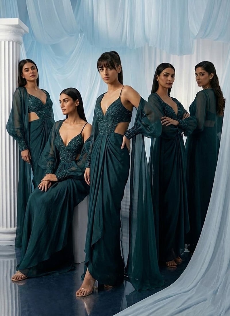 Teal Silk Cut Dana Zarkan Hand Embroidered Indowestern Skirt Jacket Set Wedding Wear
