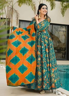 Teal Silk Digital Print Anarkali Suit